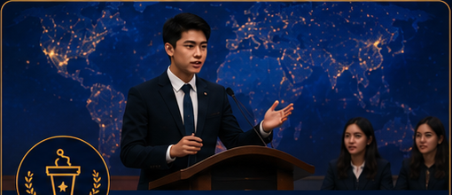 Student speaking at a debate podium