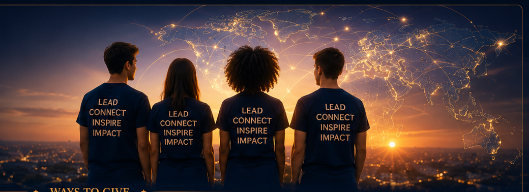 Young leaders facing a glowing global map
